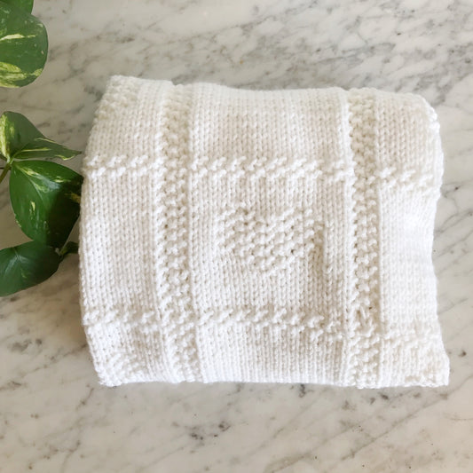 White Knit Baby Blanket w/ Hearts