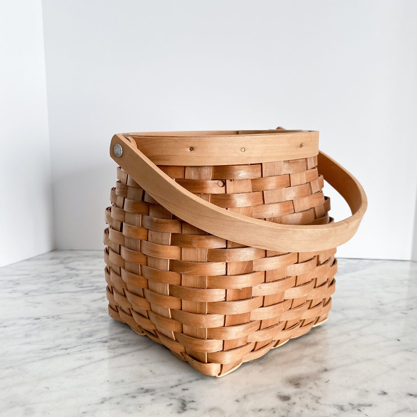 Vintage Woven Wood Basket with Handle