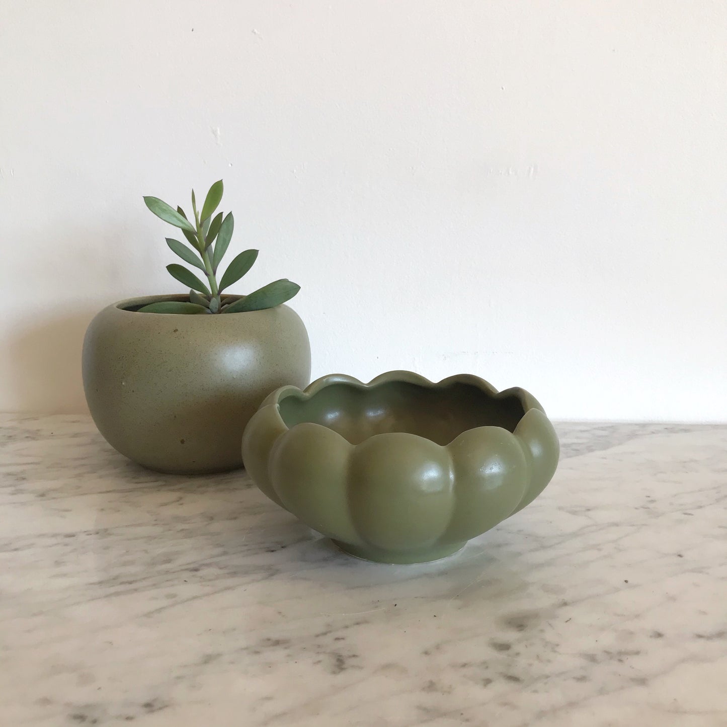 Vintage Scalloped Ceramic Planter, Green
