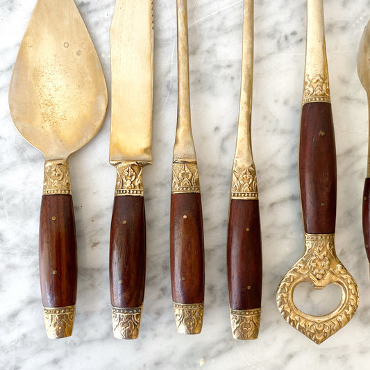 Vintage Solid Brass + Rosewood Bar Set, 7-piece