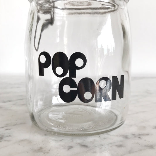 Vintage Glass Popcorn Jar with Typography