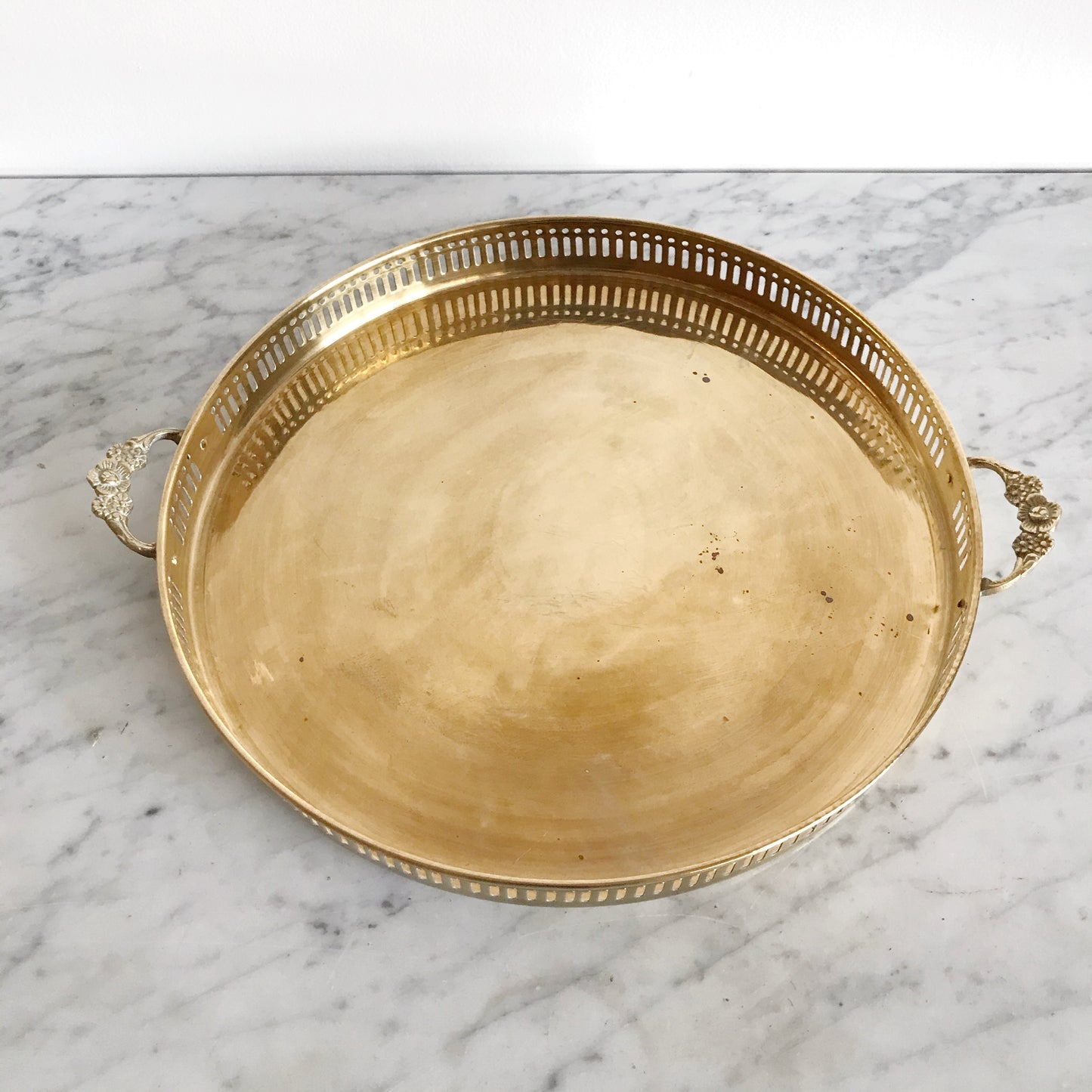XL Vintage Brass Tray with Floral Handles, 13”