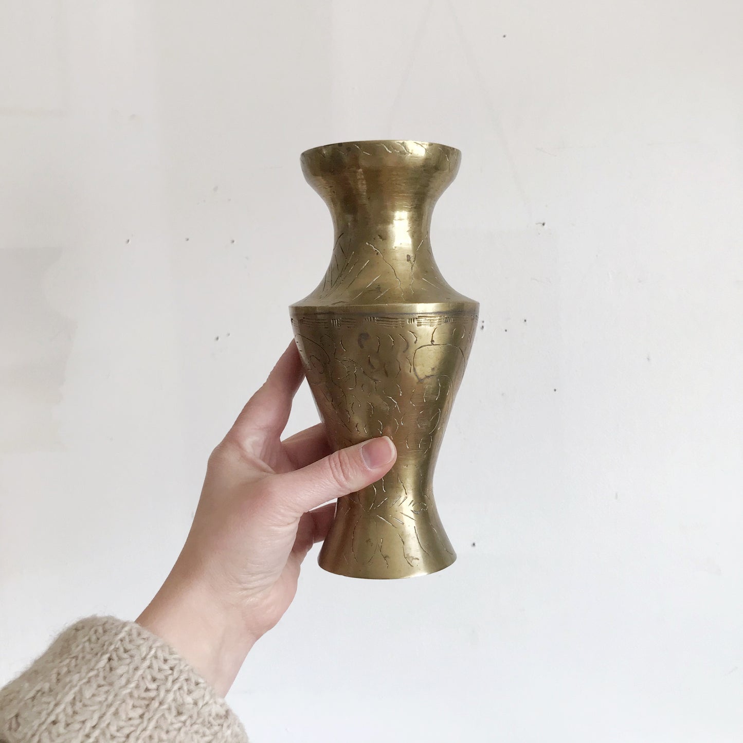 Large Vintage Etched Brass Flower Vase, 8”