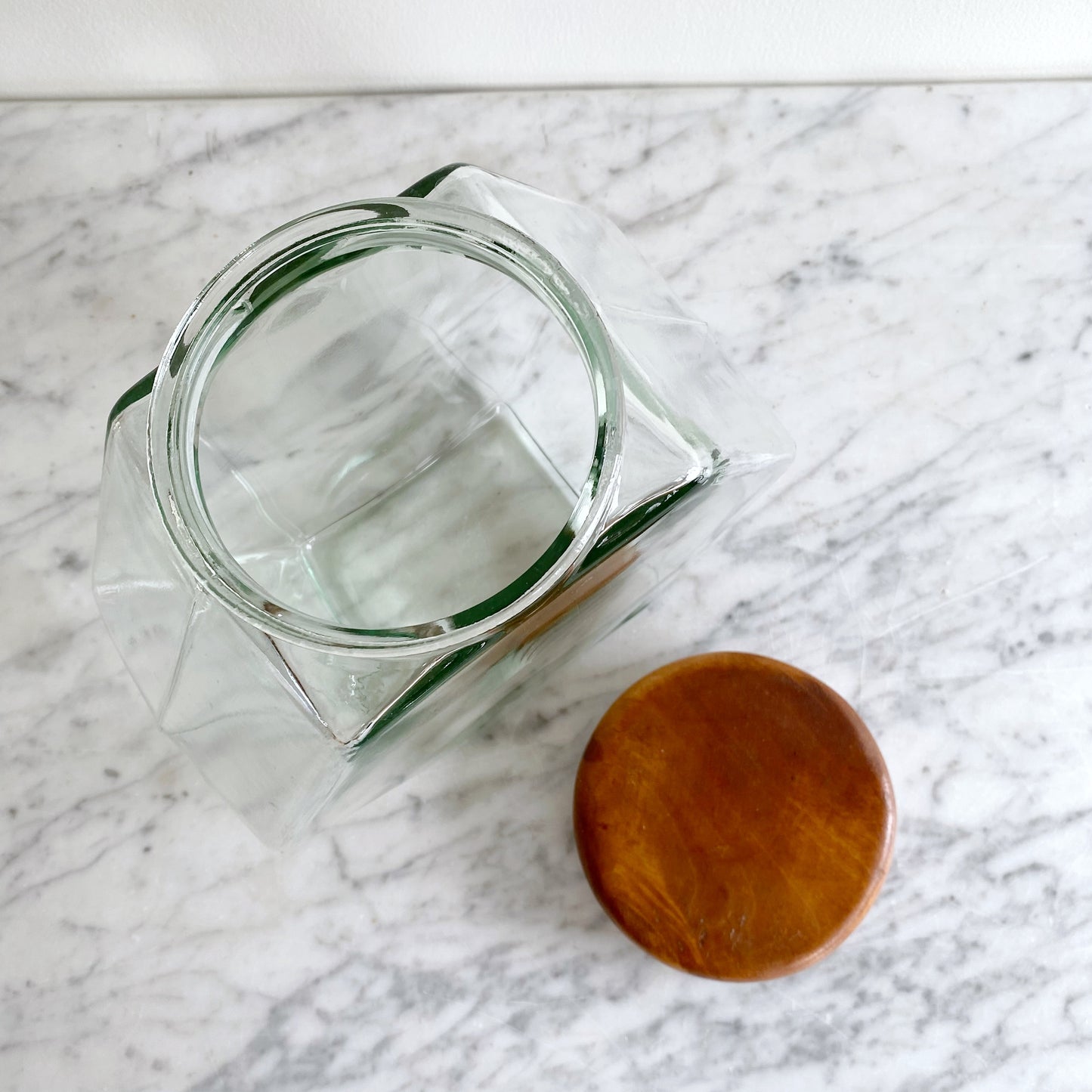 Vintage Glass Hexagon Container with Wood Lid