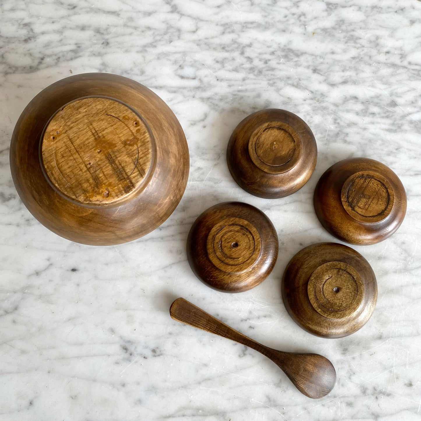 Vintage Wooden Salt Cellar + 4 Pinch Bowls