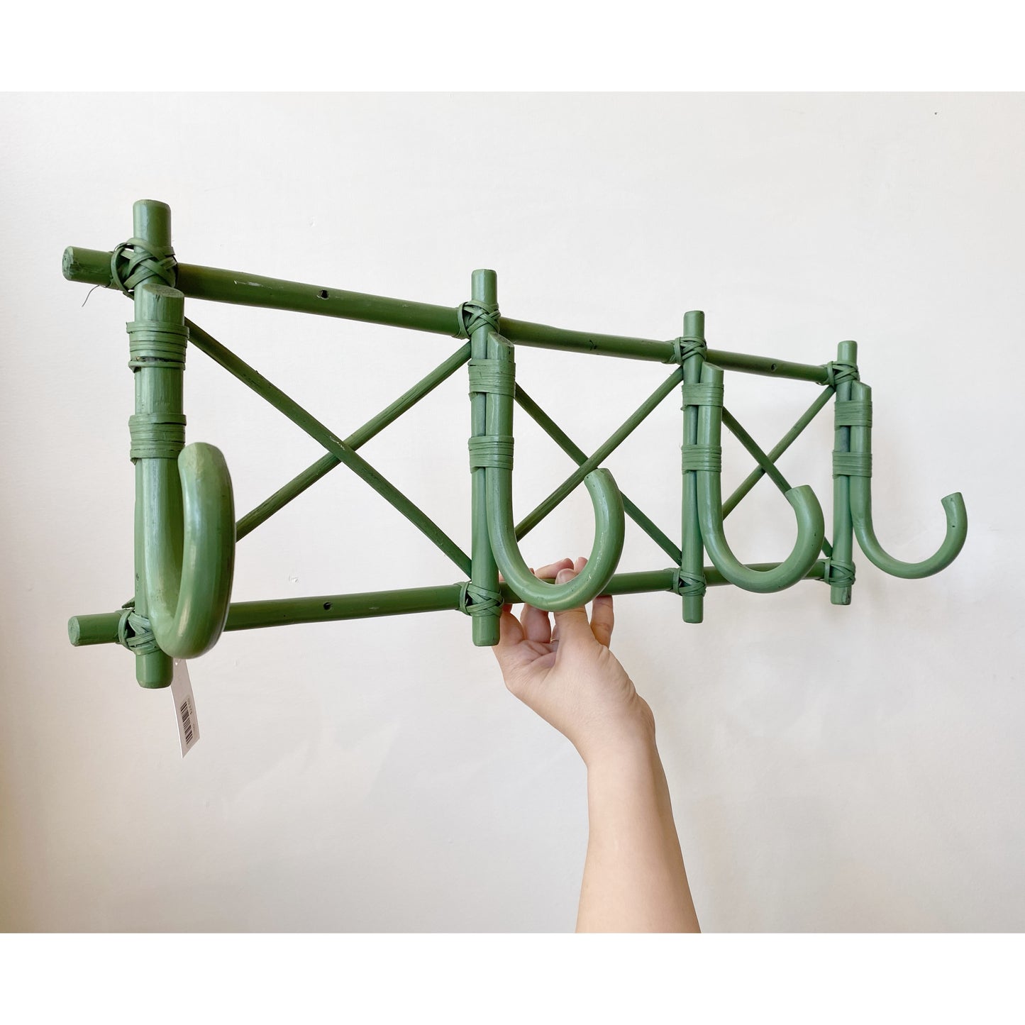 Vintage Green Rattan Coat Rack / Hooks