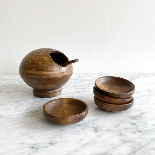 Vintage Wooden Salt Cellar + 4 Pinch Bowls